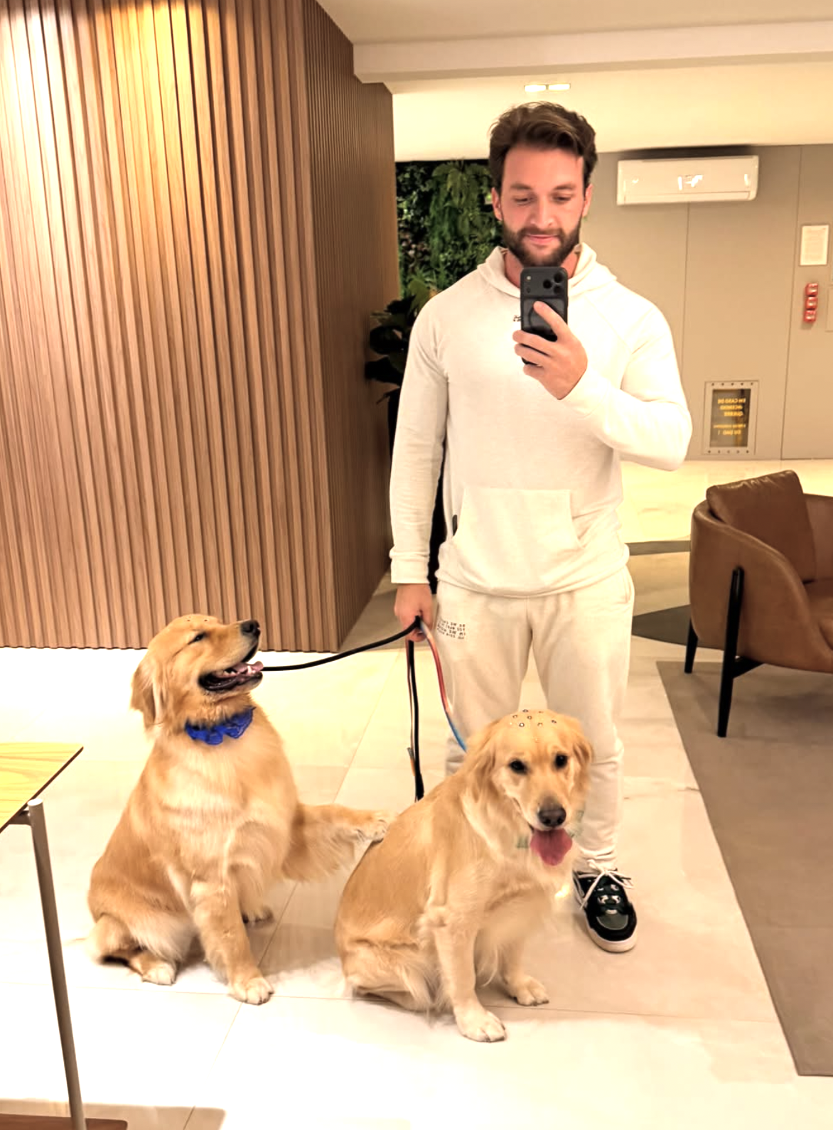 Matheus conduzindo dois golden retrievers na guia